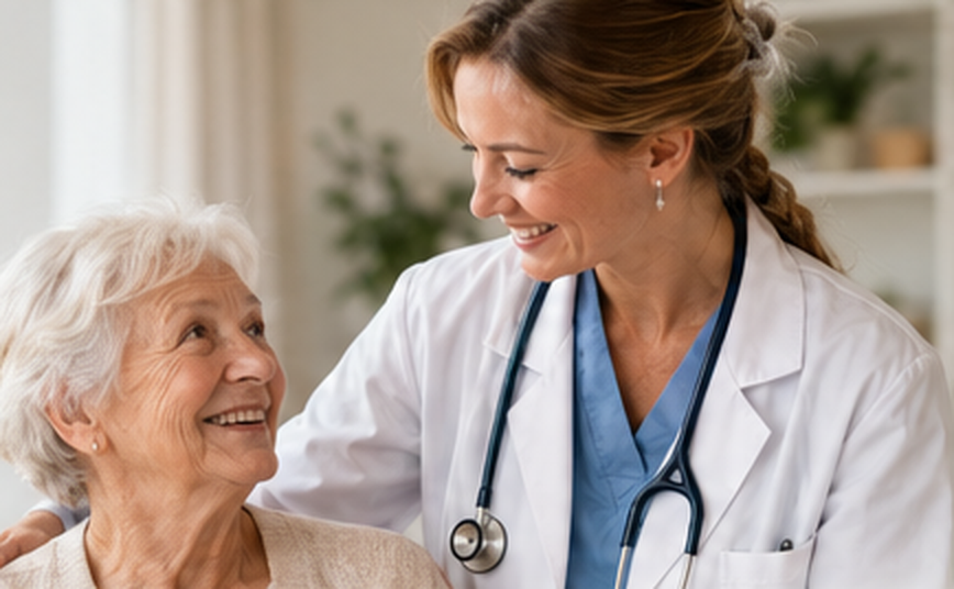 An older woman smiling with a nurse during a home care visit
